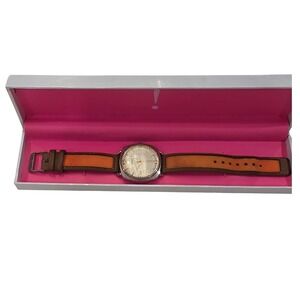 Vintage Isaac Mizrahi Live Analog Watch Silver w/Case Orange Brown Leather Strap